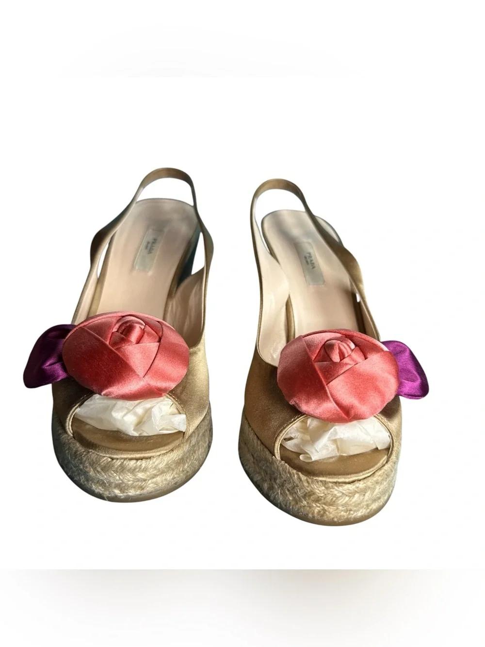 Prada Milano Champagne Satin  Rose Espadrille Wedge  Sandals Size 36 US 6